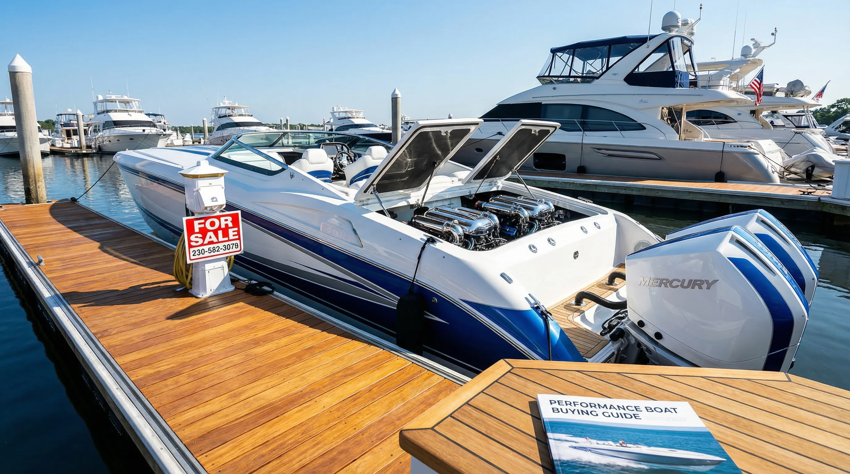 Performance boat for sale at a premium marina dock