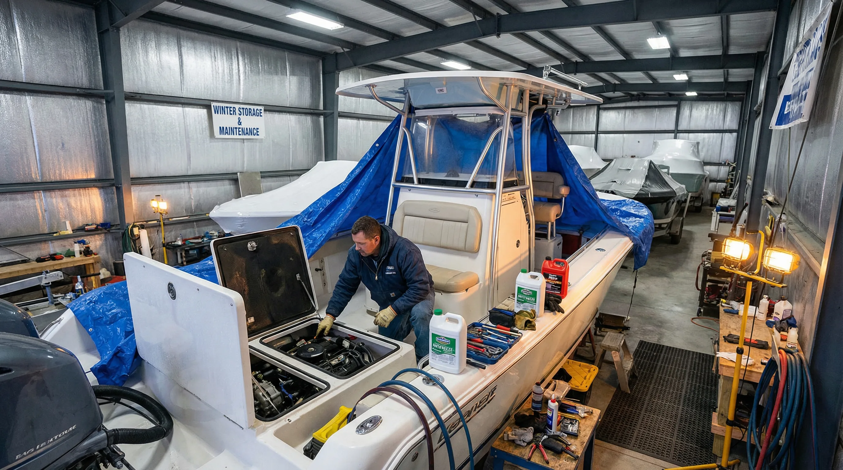 Boat being winterized in a professional storage facility