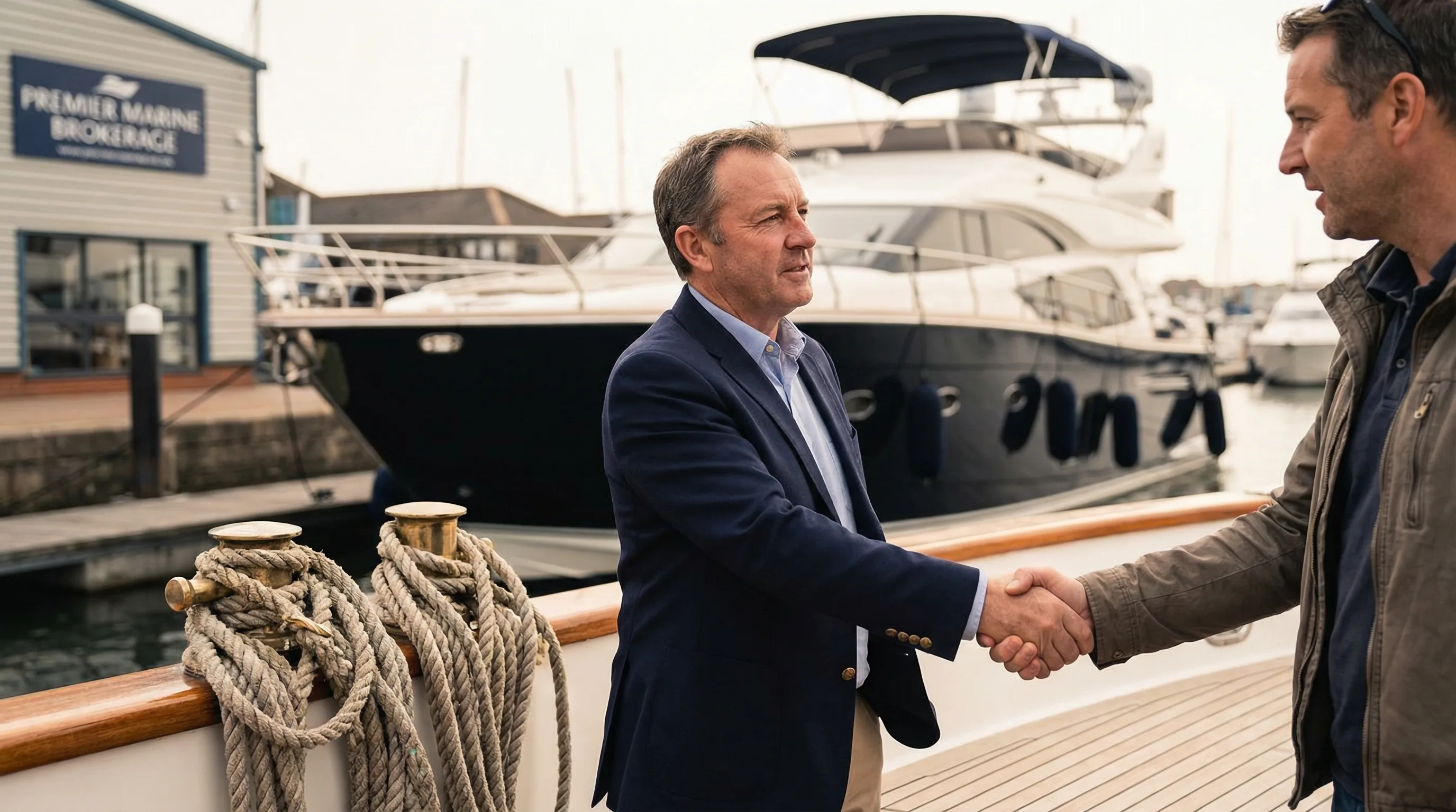 Professional boat broker completing a transaction at the marina