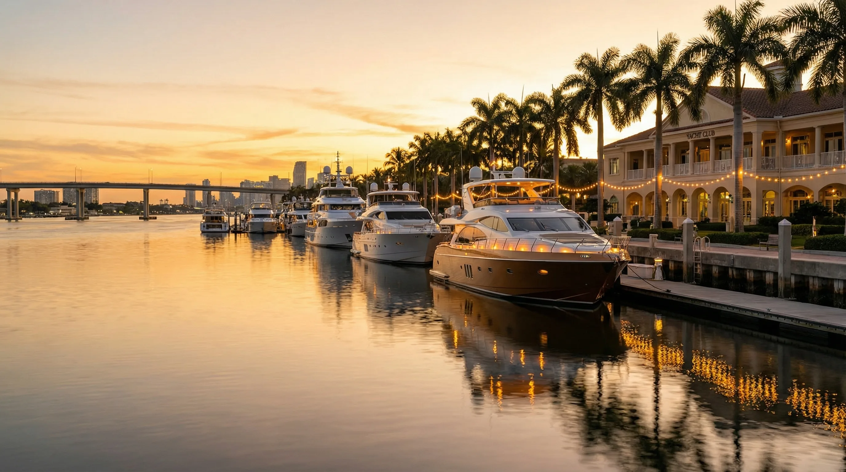 Luxury boats moored at a premium marina dock at golden hour